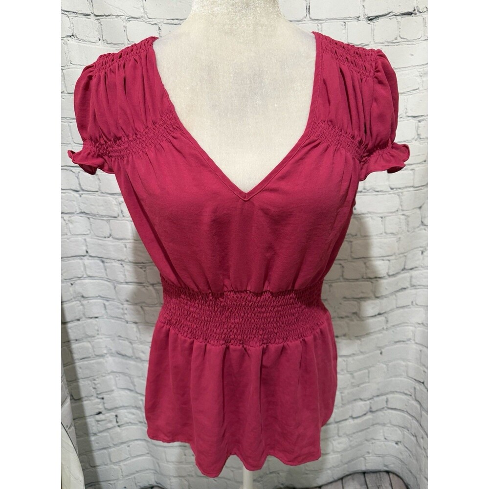 Banana Republic Womens Top Pink Blouse Elastic Waist Short Sleeve Solid Large